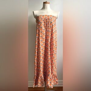 Patrizia Pepe Strapless Orange Owl Print Cotton Maxi Dress Ruffle EU 44 Medium
